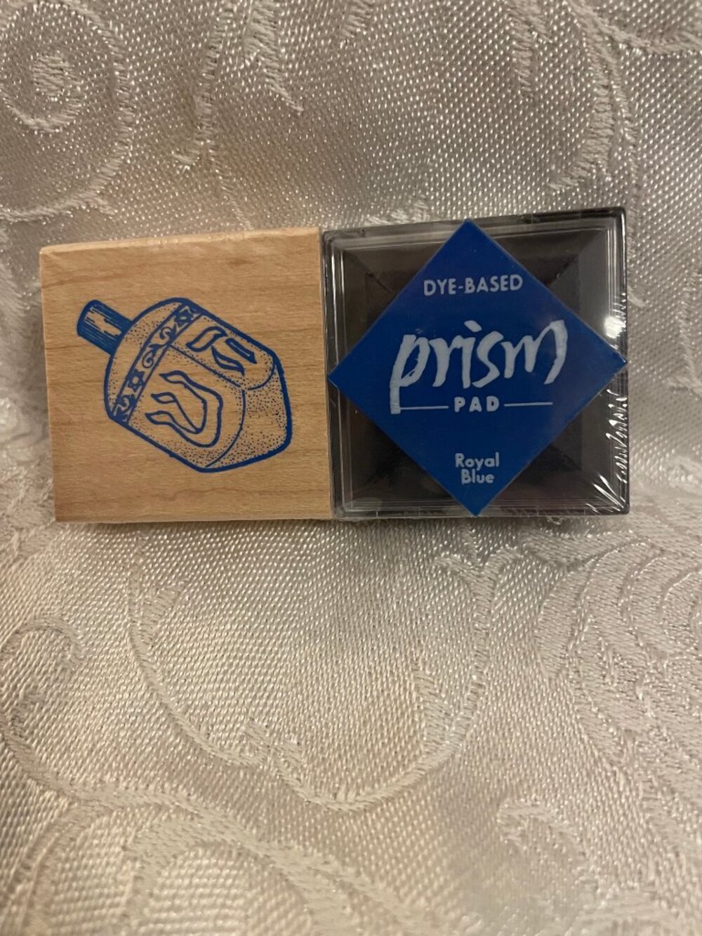 1996 Rubber Stampede Dreidel Stamp with Wood Top and Royal Blue Prism Ink Pad